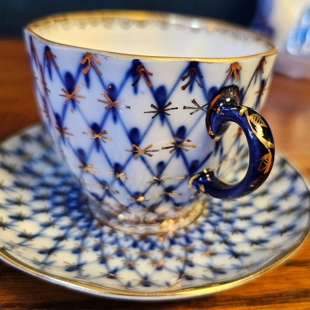 Lomonosov Imperial Porcelain Cobalt Net Tea Cup and Saucer Set Made in USSR 22K